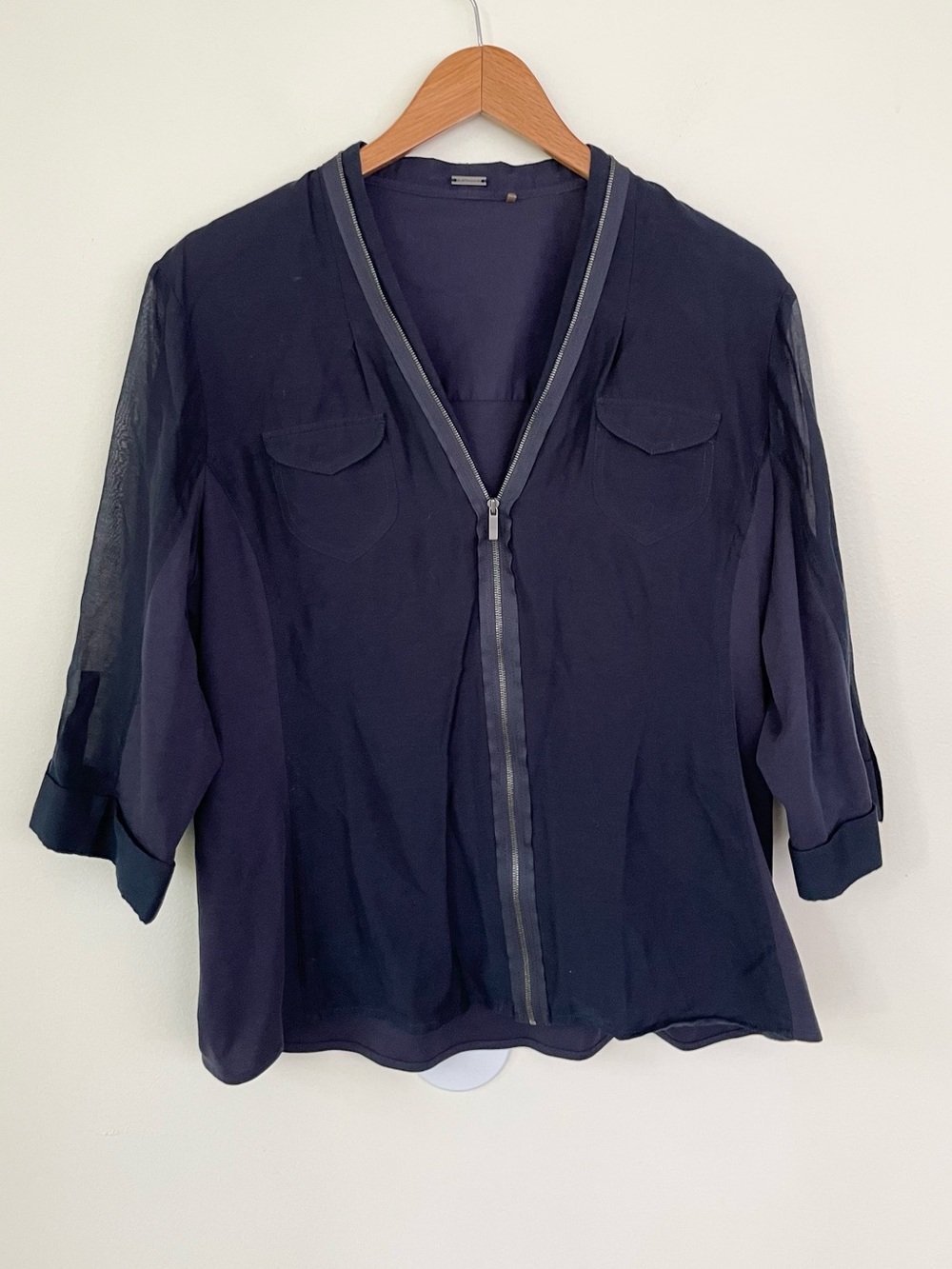 Elie Tahari Sheer Silk & Cotton Mixed Media Front Zipper Blouse Top XL Navy Blue